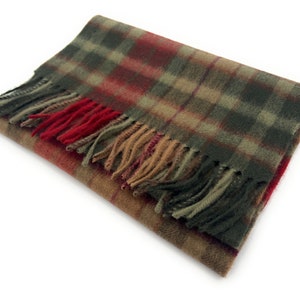 May include: A brown, green, and red plaid scarf with fringed edges.