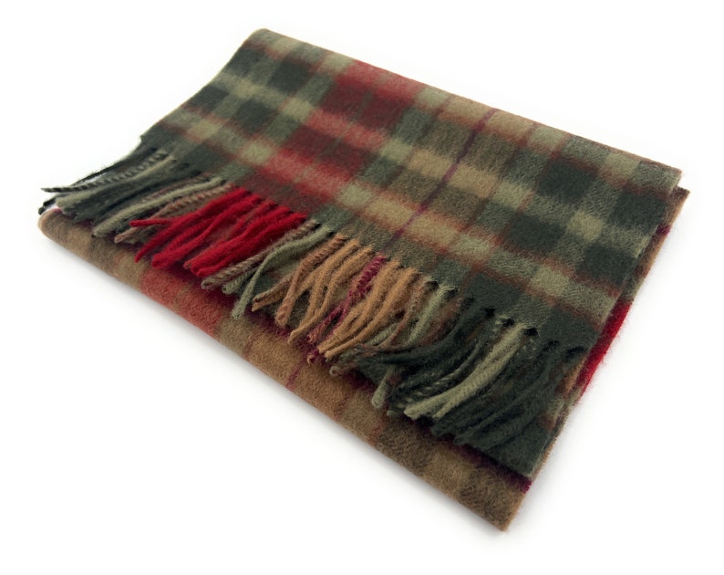 May include: A brown, green, and red plaid scarf with fringed edges.
