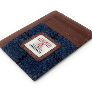 Harris Tweed Blue Overcheck - Tarjetero pequeño y compacto con ventana para tarjeta de identificación, unisex