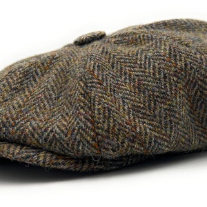 Men's Harris Tweed Brown Herringbone Newsboy Cap Comfort Fit Quilted Lining Made in Scotland S-XXL