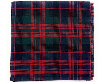 May include: A red, green, and blue plaid fabric with a woven texture.