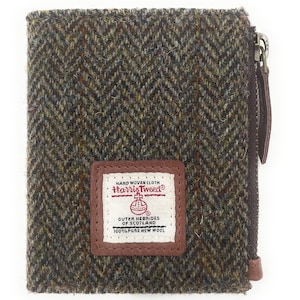 Harris Tweed Brown Herringbone Real Leather Small Bifold Wallet de las mujeres, titular de la tarjeta con bolsillo de monedero con cremallera
