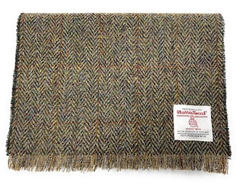 Harris-tweed sjaal met franjes bruine visgraat gemaakt in Schotland