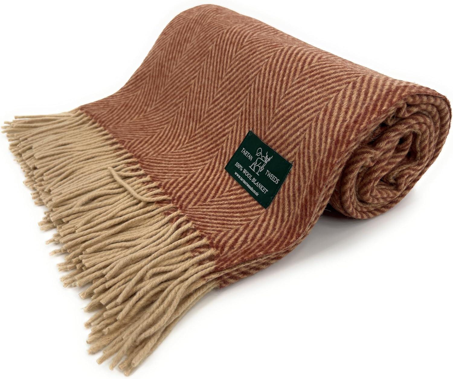 Rust Herringbone 100% Wool Large Blanket Throw Israel