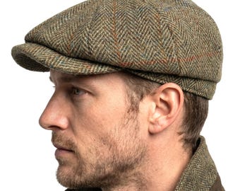 Men's Harris Tweed Newsboy Cap Green Herringbone Comfort Fit Quilted Lining Made in Scotland S-XXL