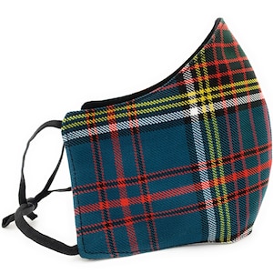 May include: A blue, red, yellow and white plaid face mask with black adjustable straps.