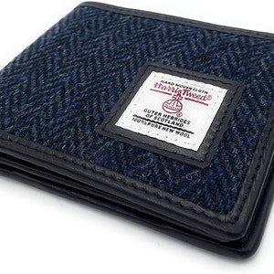Men's Harris Tweed Navy Herringbone Real Leather Trifold Wallet Purse