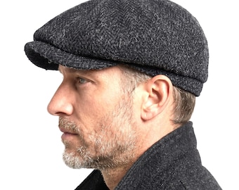 Men's Harris Tweed Newsboy Cap Charcoal Herringbone Comfort Fit Quilted Lining Made in Scotland S-XXL