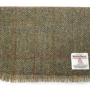 Harris Tweed Fringed Scarf Green Herringbone Made In Scotland