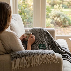 Charcoal Herringbone 100% Wool Large Blanket Throw