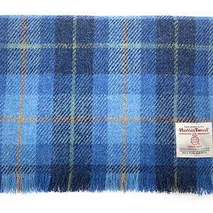 Harris Tweed Fringed Scarf Blue Check Made In Scotland
