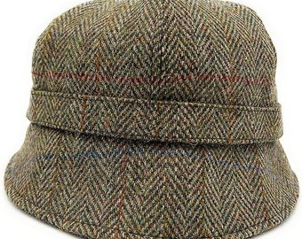 Women's Harris Tweed Green Herringbone Flapper Hat British Made One Size