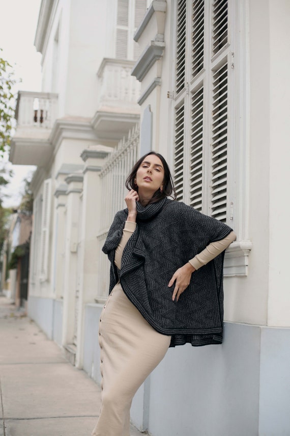 Women's Pure Alpaca Wool Poncho Charcoal Grey Warm One Size - Etsy