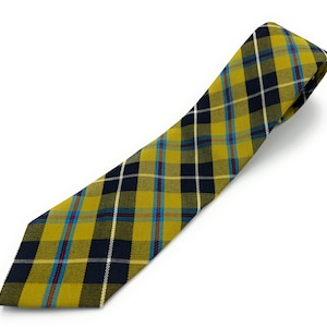 May include: A yellow, blue and black plaid tie. The tie is made of woven fabric and has a pointed tip.