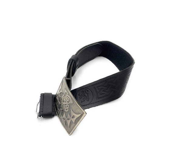 Velcro Adjustable by Scottish Kilt Black Leather Thistle Embossed kilt Belt 