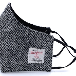 Harris Tweed Grey Herringbone  Face Mask Face Covering Unisex Adjustable Comfortable Ear Straps Reusable Washable In Scotland