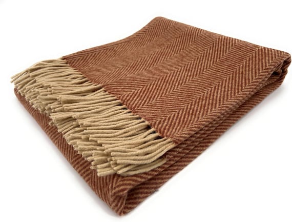 Rust Herringbone 100% Wool Large Blanket Throw UK