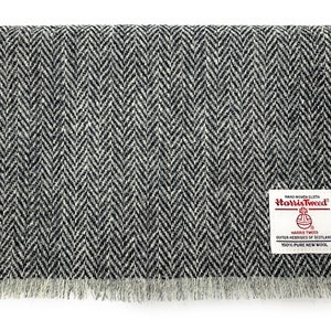 Harris Tweed Fringed Scarf Grey Herringbone Made In Scotland
