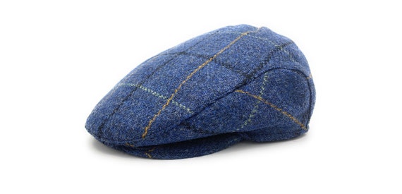 Harris Tweed Flat Cap Golf Hat Blue Overcheck Made in Scotland