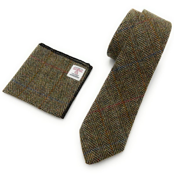 Mens Harris Tweed Green Herringbone Necktie Handkerchief Pocket Square Set