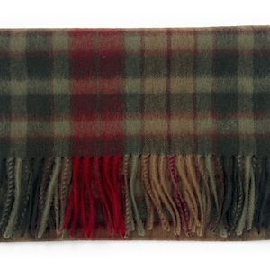 May include: A green, red, and brown plaid scarf with fringed edges.
