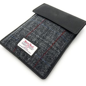 Harris Tweed Grigio Check Piccola Custodia per Tablet con Finiture in Pelle British Made Unisex