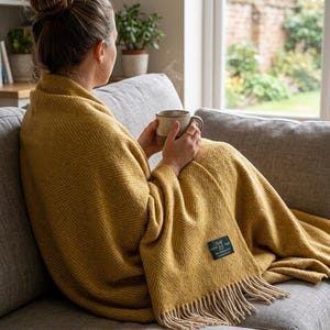 Mustard Herringbone 100% Wool Large Blanket Throw