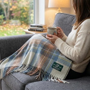 スチュワート ミューテッドブルー 100% 新ウール ラージ タータン ピクニックブランケット スロー