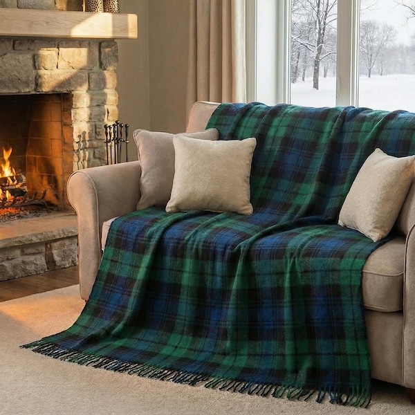 ブラックウォッチ 100% ウール タータン ブランケット スロー 新品