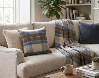 Stewart Muted Blue Wool Tartan Square Cushion Cover Made In Scotland 40cm x 40cm