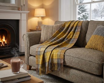 Grand jeté de couverture tartan naturel 100 % laine vierge Buchanan