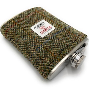 Harris Tweed Green Herringbone Stainless Steel Hip Flask 8oz