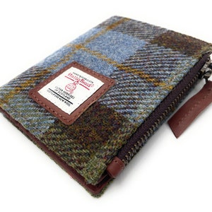 Harris Tweed Macleod Tartan de mujer Cartera plegable pequeña de cuero real, titular de tarjeta con bolsillo de monedero con cremallera