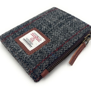 Carteira feminina Harris Tweed cinza xadrez de tamanho médio com dobra dupla de couro, porta-cartão com bolso para moedas com zíper