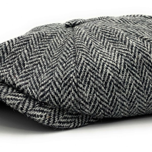 Harris Tweed Grey Herringbone Newsboy Cap Comfort Fit Quilted Linding Made in Scotland S-XXL