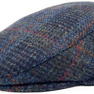 Men&#39;s Harris Tweed Flat Cap Navy Houndstooth Check Made In Scotland