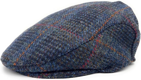 Men's Harris Tweed Flat Cap Navy Houndstooth Check Made in
