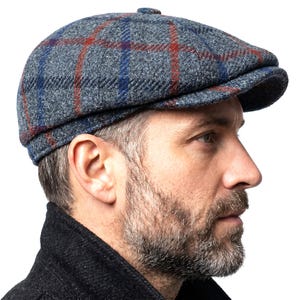 Herren Harris Tweed Schiebermütze Cap Schiefergrau Karo Comfort Fit Gestepptes Futter Made in Scotland S-XXL