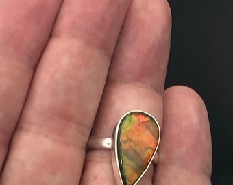 Tequila Sunrise XL Multi Fiery Tear Drop Ammolite Adjustable 925 Sterling Silver Statement Ring - Chakra Ring - Opal Ring - Natural Ammolite