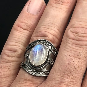 925 Sterling Silver Black Oxidized Rainbow Moonstone Wide Band Statement Ring - Goddess Ring -Gothic Ring