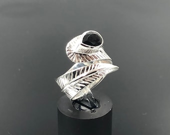Adjustable 925 Sterling Silver Black Onyx Feather Ring - Stacking Ring - Goth Ring - Angel Feather