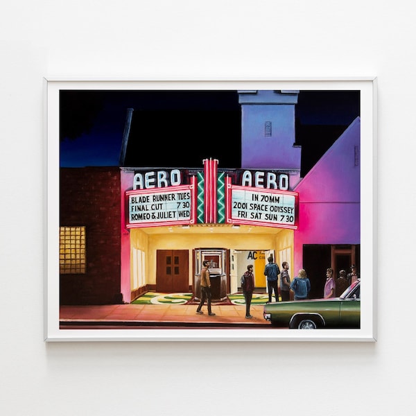 Théâtre Aéro | Salle de cinéma de Santa Monica, Los Angeles, Californie | Cinéma rétro | Enseigne Néon | millésime | Peinture LA | Affiche de film