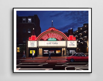 May include: A painting of a movie theater marquee with the words "The Screen" in red neon lights. The marquee is advertising the films "Paris, Texas", "Blade Runner", and "The Shining". There are people walking on the sidewalk in front of the theater and a red car parked on the street.