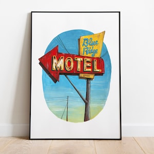 Vintage Motel Sign Route 66 Art | &#39;Blue Ridge Motel&#39; | USA Travel Painting | Americana | Retro Vintage Neon Signage | Road Trip