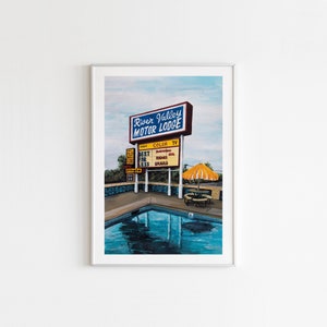 River Valley Motor Lodge Print | Motel Poster Painting | Route 66 Art | Vintage Sign Art | Retro Motel | USA Travel Art | Gouache Painting