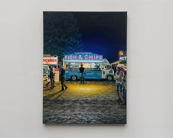 Fish & Chips Original Oil Painting | Fish and Chip Van Food Truck | Festival Stall | Glasto | Latitude Fest | Festival Art | Realism Art