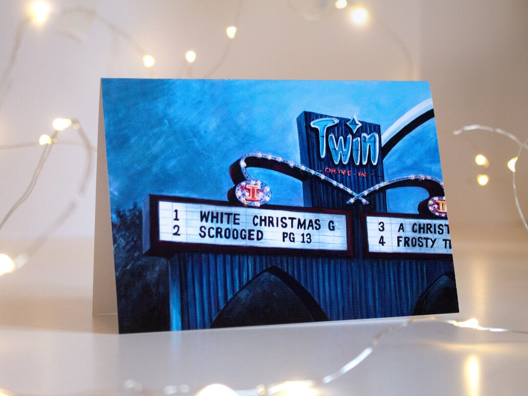 Retro Drivein Christmas Movie Card Holiday Film Art Etsy