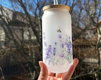 Lavender with Bee, Frosted Glass Cup, Gift for her, Lavender Field, Glass Iced Coffee Cup with Bamboo Lid and Straw. Aesthetic