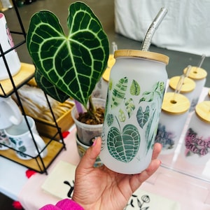 Houseplants, Frosted Glass Cup, Glass tumbler, Heart leaves, Alocasia, Monstera Albo, Libbey Glass, Rare Plants Collector, Plant Lady