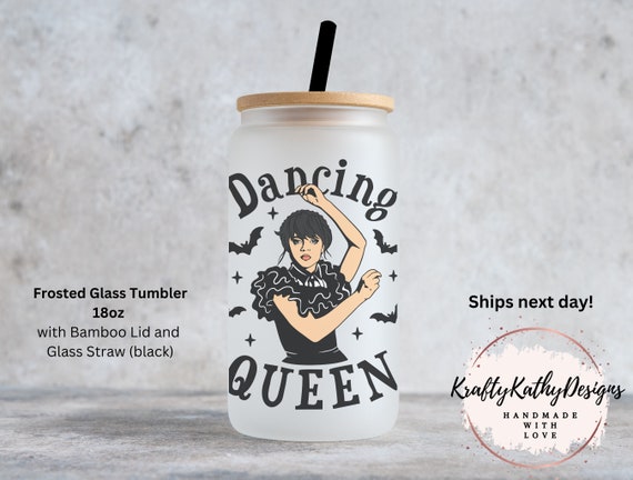 Dancing Queen, Dancing Wednesday, Wednesday Glass Cup, Wednesday Addams Frosted Glass Tumbler, Addams Family, Jenna Ortega Wednesday